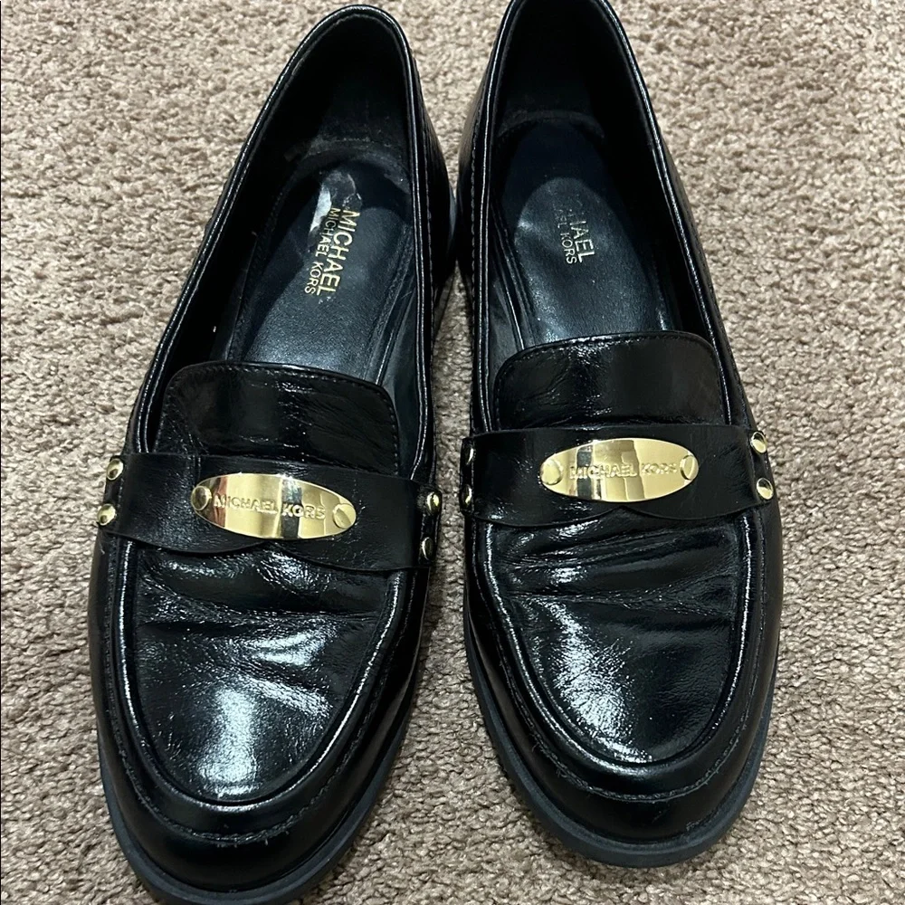 Michael Kors Black Patent Leather Loafers with Gold Plaque